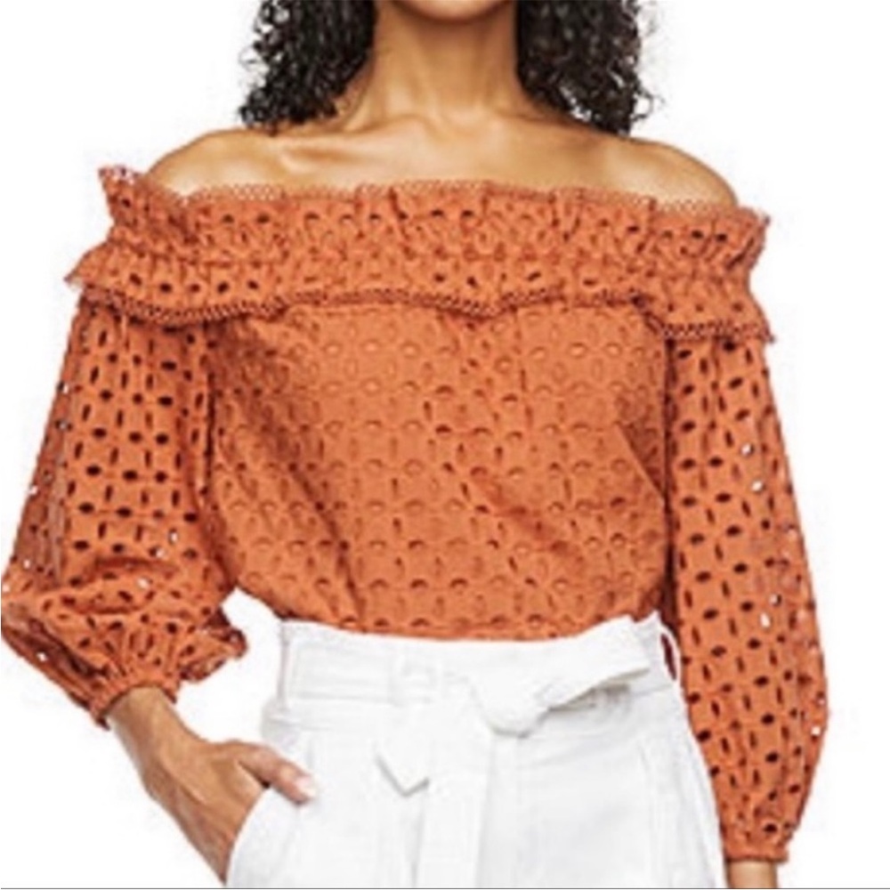 Ryegrass Ladies Sierra Brown Eyelet Lace Off Shoulder Peasant Blouse